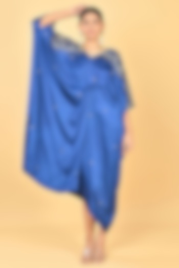 Navy Blue Satin Sequins Embroidered Kaftan by Keith Gomes at Pernia's Pop Up Shop