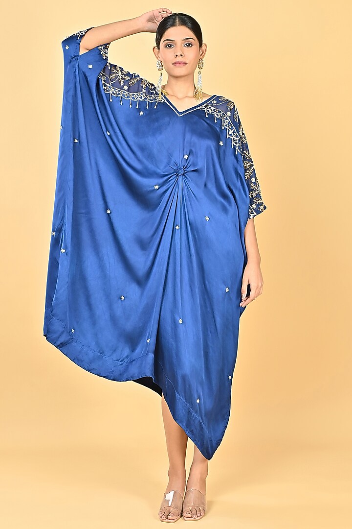 Navy Blue Satin Sequins Embroidered Kaftan by Keith Gomes at Pernia's Pop Up Shop