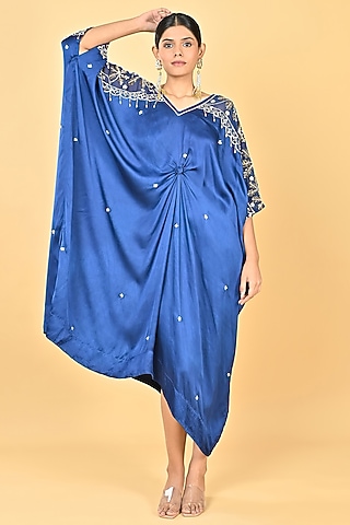 Navy Blue Satin Sequins Embroidered Kaftan by Keith Gomes