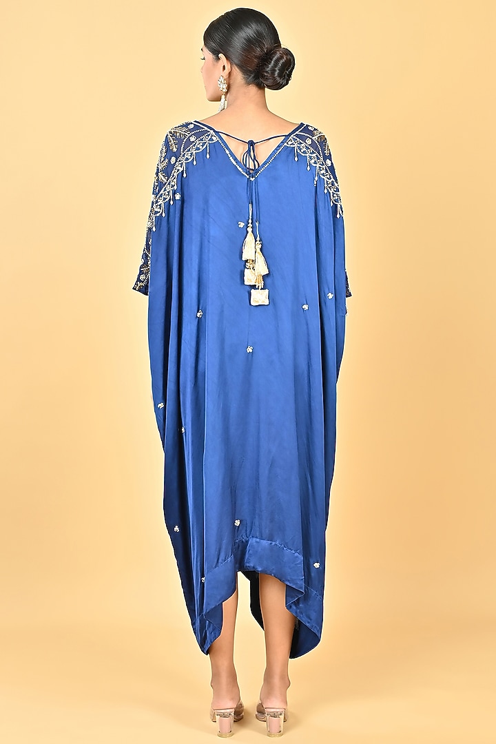 Navy Blue Satin Sequins Embroidered Kaftan by Keith Gomes at Pernia's Pop Up Shop