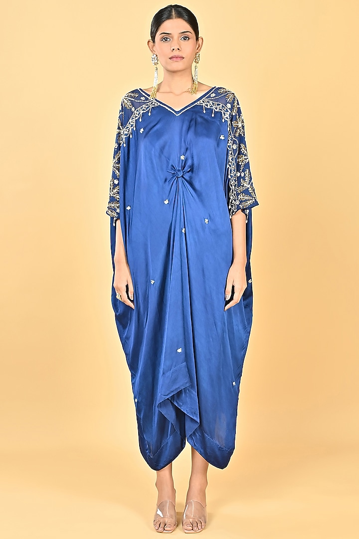 Navy Blue Satin Sequins Embroidered Kaftan by Keith Gomes at Pernia's Pop Up Shop