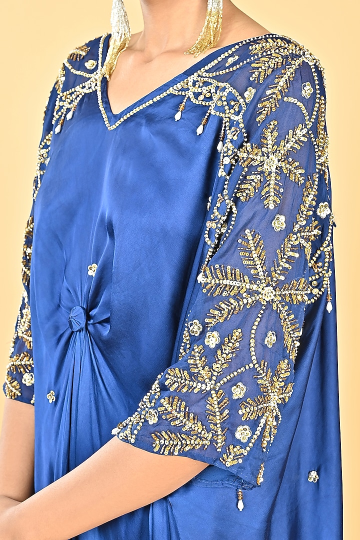 Navy Blue Satin Sequins Embroidered Kaftan by Keith Gomes at Pernia's Pop Up Shop