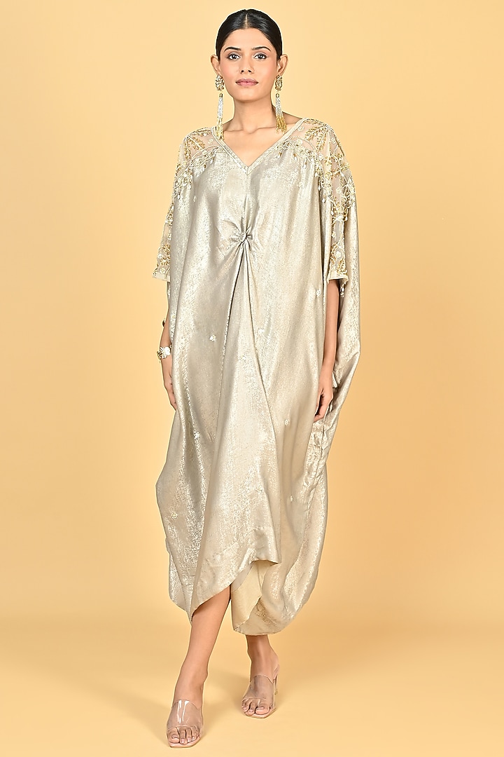 Golden Foil Crepe Sequins Embroidered Kaftan by Keith Gomes at Pernia's Pop Up Shop