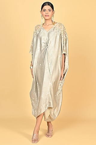 Golden Foil Crepe Sequins Embroidered Kaftan by Keith Gomes