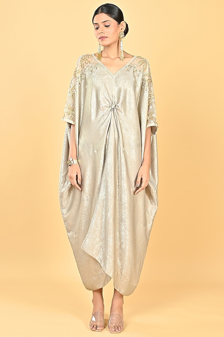 Golden Foil Crepe Sequins Embroidered Kaftan by Keith Gomes at Pernia's Pop Up Shop