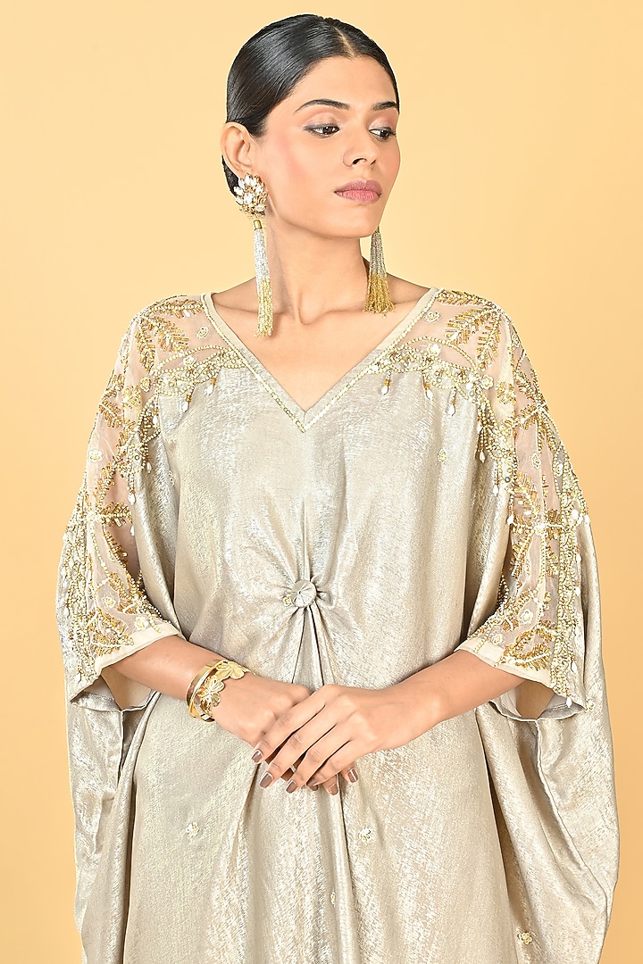 Golden Foil Crepe Sequins Embroidered Kaftan by Keith Gomes at Pernia's Pop Up Shop