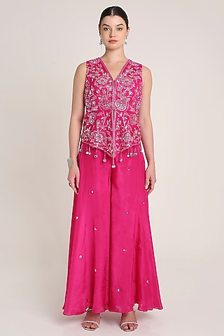 Pink Glass Silk Organza Sequins Embroidered Tunic Set by Keith Gomes