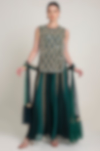 Green & Teal Silk Organza Mirror Embroidered Tunic Set by Keith Gomes at Pernia's Pop Up Shop