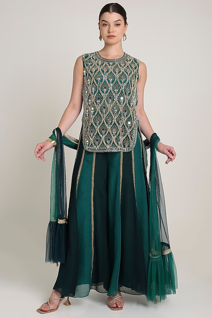 Green & Teal Silk Organza Mirror Embroidered Tunic Set by Keith Gomes at Pernia's Pop Up Shop
