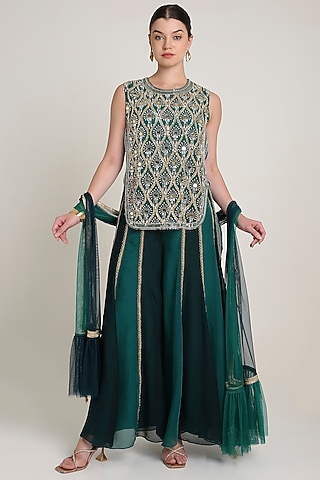 Green & Teal Silk Organza Mirror Embroidered Tunic Set by Keith Gomes