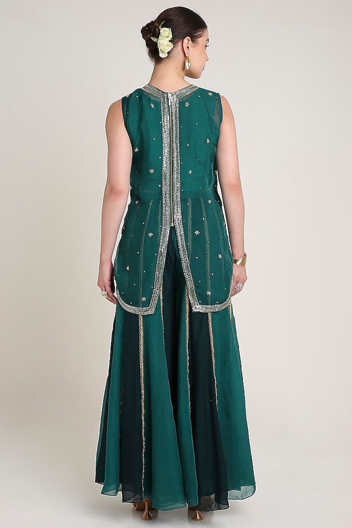 Green & Teal Silk Organza Mirror Embroidered Tunic Set by Keith Gomes at Pernia's Pop Up Shop