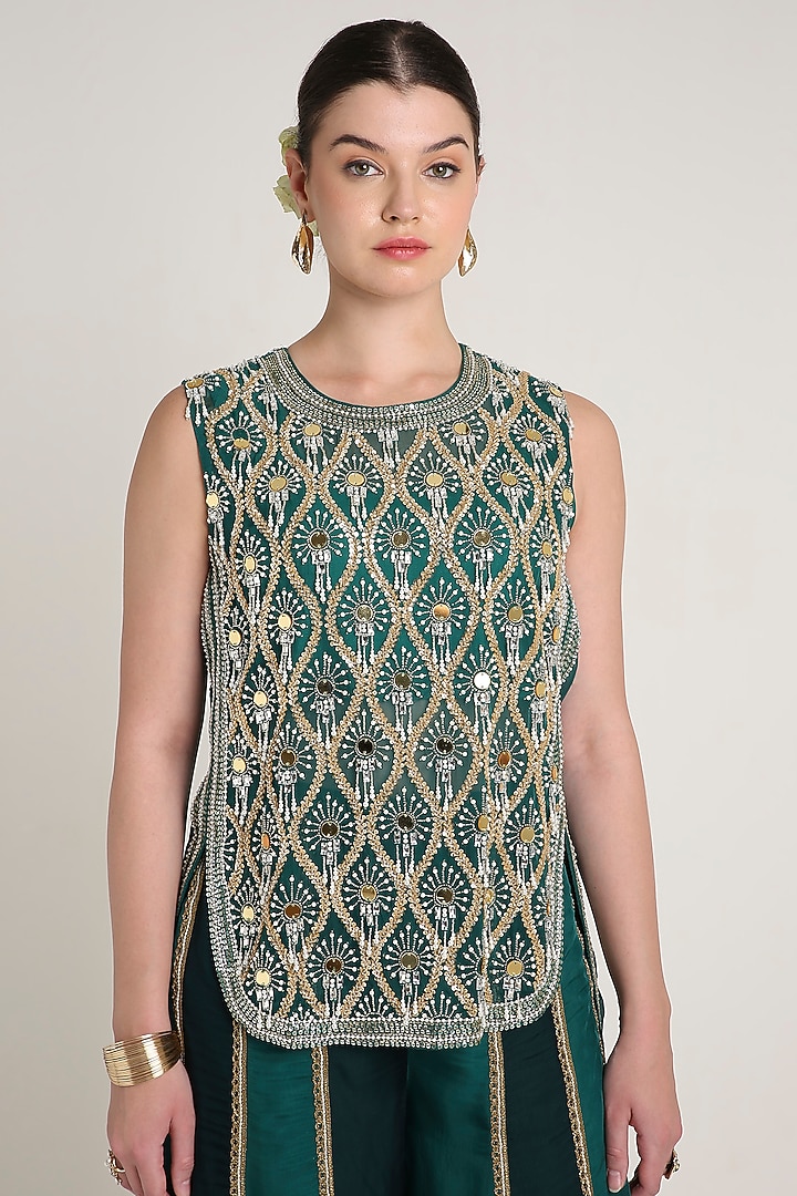 Green & Teal Silk Organza Mirror Embroidered Tunic Set by Keith Gomes at Pernia's Pop Up Shop