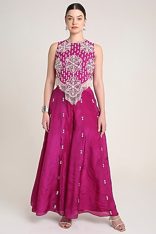 Pink Glass Silk Organza Sequins Embroidered Tunic Set by Keith Gomes