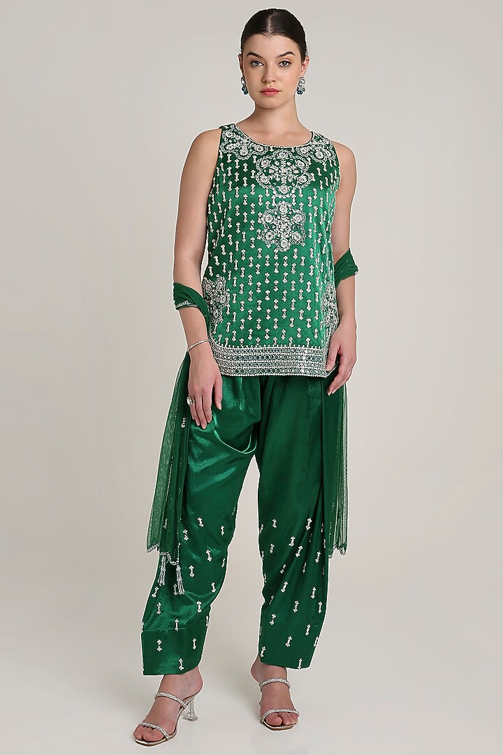 Green Satin Sequins Embroidered Tunic Set by Keith Gomes at Pernia's Pop Up Shop