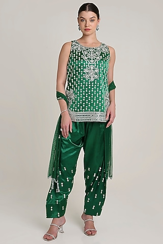Green Satin Sequins Embroidered Tunic Set by Keith Gomes