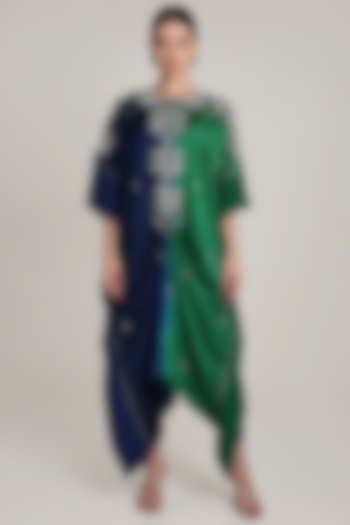 Green & Navy Blue Ombre Satin Sequins Embroidered Kaftan by Keith Gomes at Pernia's Pop Up Shop