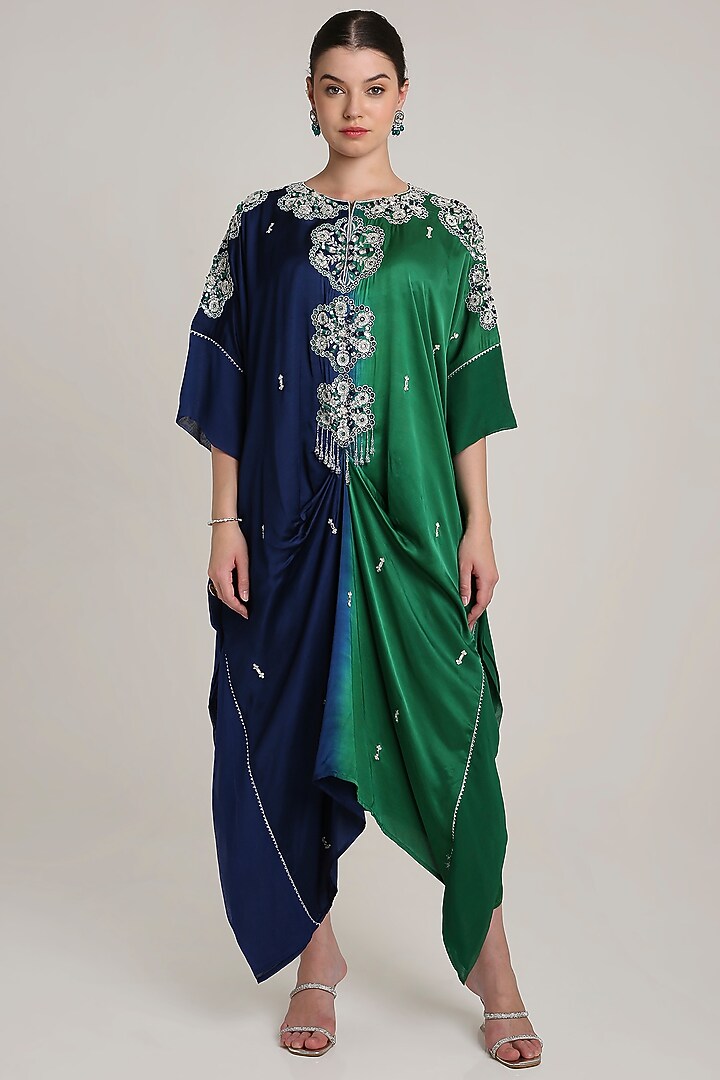 Green & Navy Blue Ombre Satin Sequins Embroidered Kaftan by Keith Gomes at Pernia's Pop Up Shop