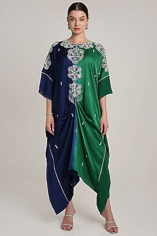 Green & Navy Blue Ombre Satin Sequins Embroidered Kaftan by Keith Gomes