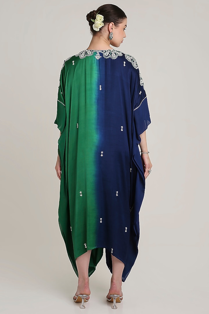 Green & Navy Blue Ombre Satin Sequins Embroidered Kaftan by Keith Gomes at Pernia's Pop Up Shop