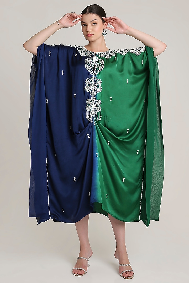 Green & Navy Blue Ombre Satin Sequins Embroidered Kaftan by Keith Gomes at Pernia's Pop Up Shop