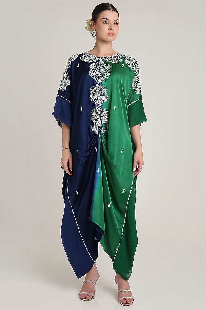 Green & Navy Blue Ombre Satin Sequins Embroidered Kaftan by Keith Gomes at Pernia's Pop Up Shop