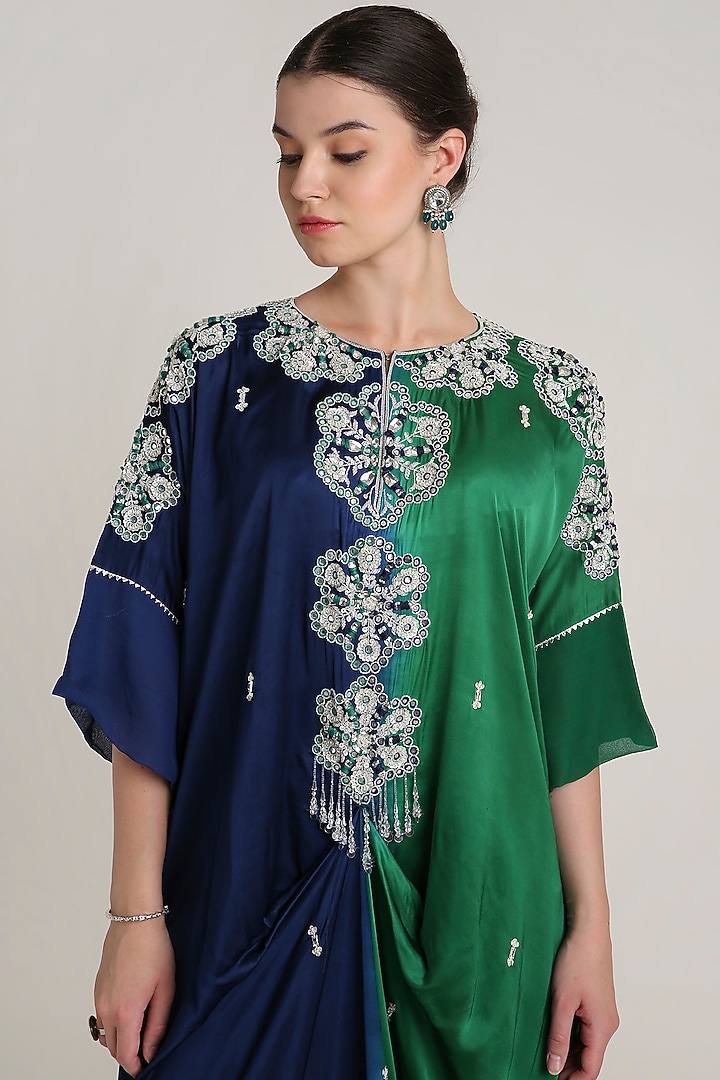 Green & Navy Blue Ombre Satin Sequins Embroidered Kaftan by Keith Gomes at Pernia's Pop Up Shop