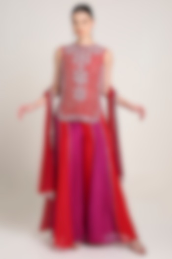 Red & Pink Silk Organza Sequins Embroidered Tunic Set by Keith Gomes at Pernia's Pop Up Shop