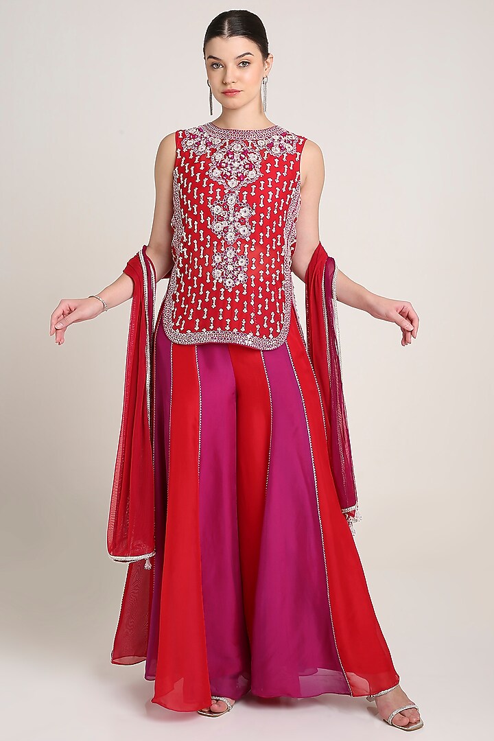 Red & Pink Silk Organza Sequins Embroidered Tunic Set by Keith Gomes at Pernia's Pop Up Shop