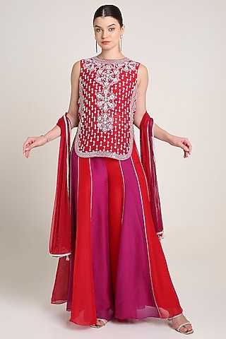 Red & Pink Silk Organza Sequins Embroidered Tunic Set by Keith Gomes