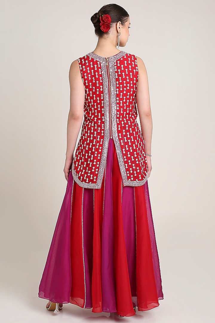 Red & Pink Silk Organza Sequins Embroidered Tunic Set by Keith Gomes at Pernia's Pop Up Shop