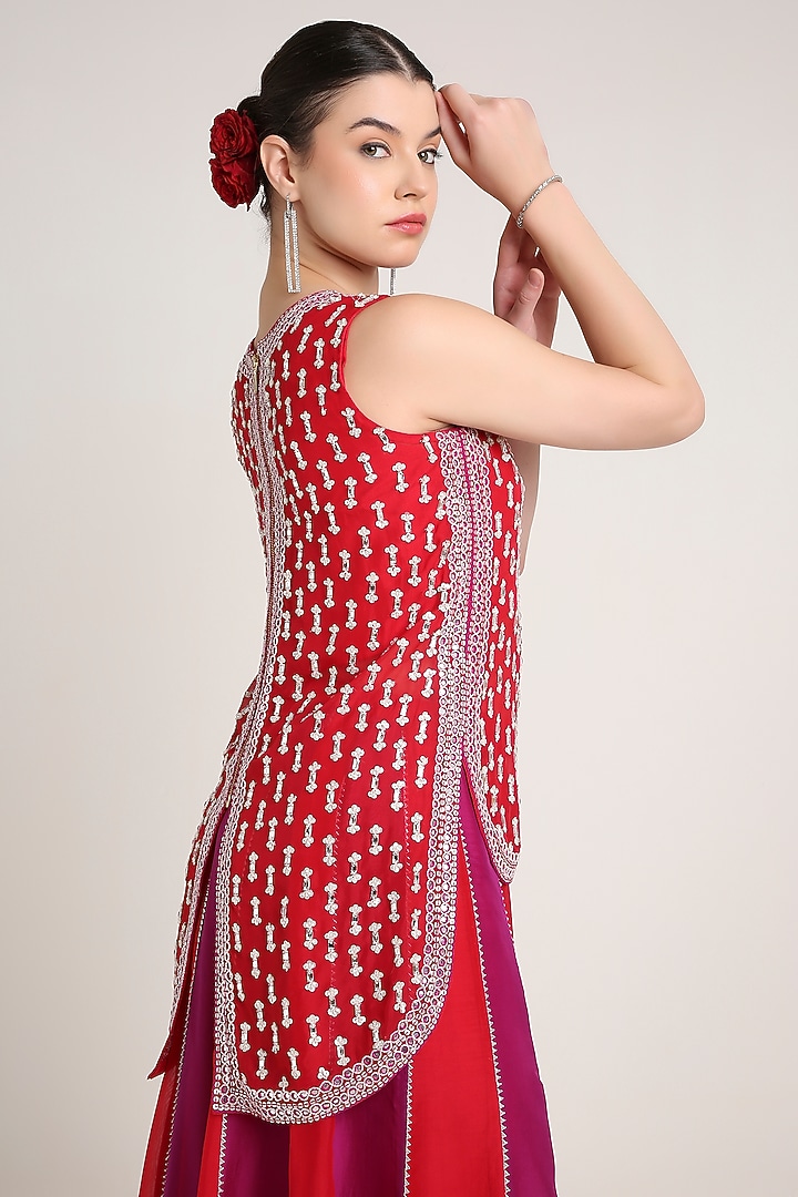 Red & Pink Silk Organza Sequins Embroidered Tunic Set by Keith Gomes at Pernia's Pop Up Shop