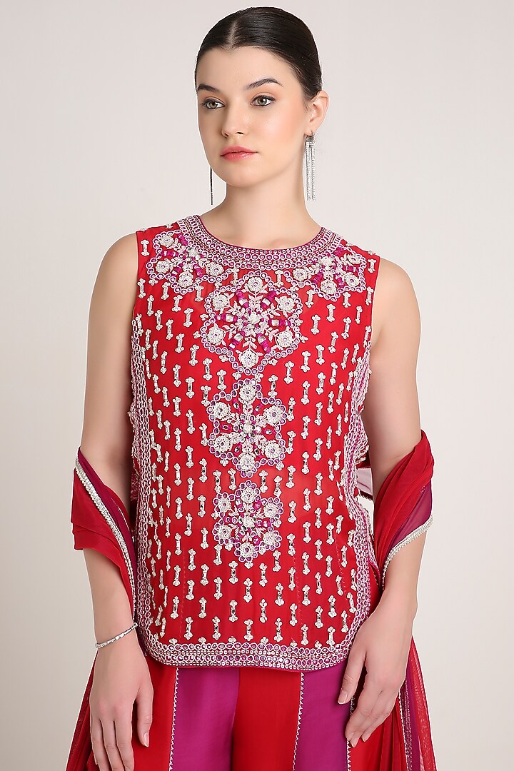 Red & Pink Silk Organza Sequins Embroidered Tunic Set by Keith Gomes at Pernia's Pop Up Shop