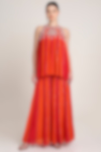 Red & Orange Chiffon Crepe Sequins Embroidered Tunic Set by Keith Gomes at Pernia's Pop Up Shop