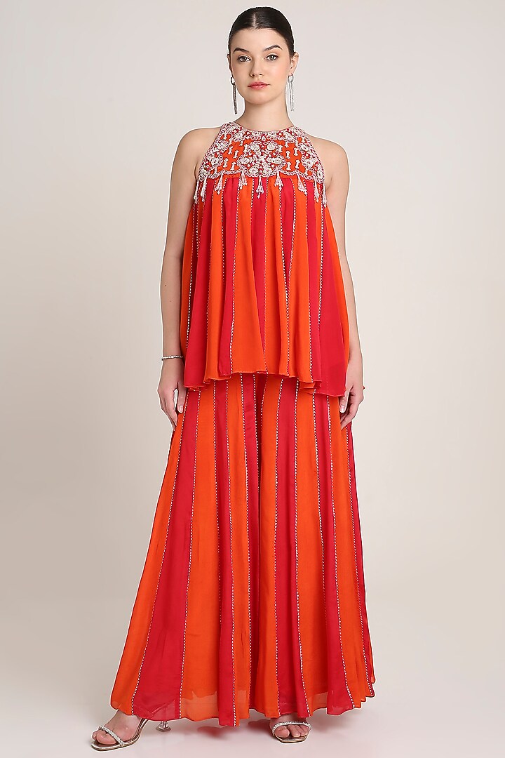 Red & Orange Chiffon Crepe Sequins Embroidered Tunic Set by Keith Gomes at Pernia's Pop Up Shop