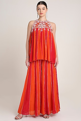 Red & Orange Chiffon Crepe Sequins Embroidered Tunic Set by Keith Gomes
