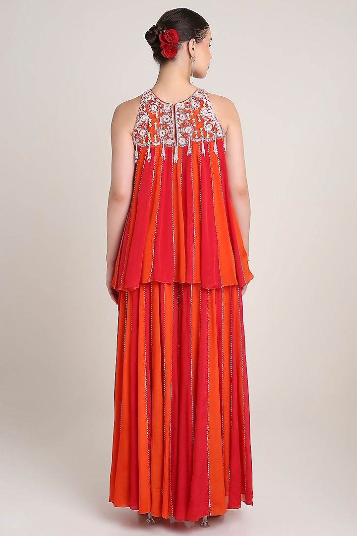 Red & Orange Chiffon Crepe Sequins Embroidered Tunic Set by Keith Gomes at Pernia's Pop Up Shop