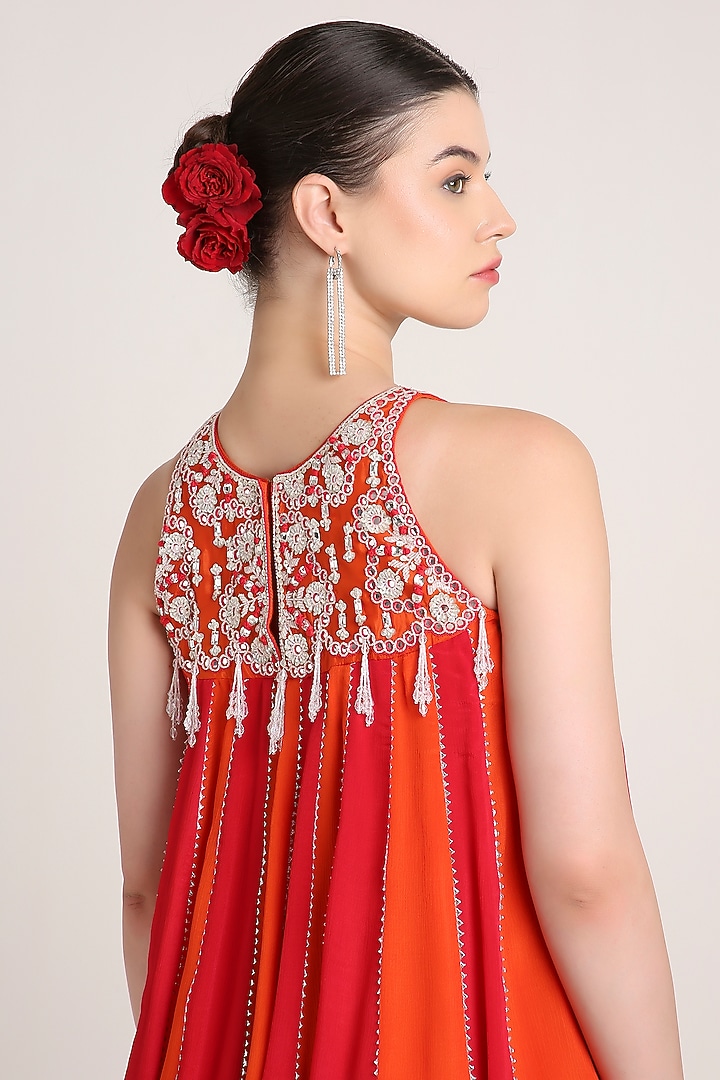 Red & Orange Chiffon Crepe Sequins Embroidered Tunic Set by Keith Gomes at Pernia's Pop Up Shop
