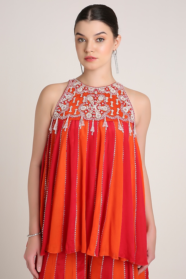 Red & Orange Chiffon Crepe Sequins Embroidered Tunic Set by Keith Gomes at Pernia's Pop Up Shop
