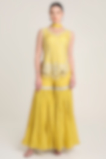 Mustard Yellow Silk Tissue Sequins Embroidered Tunic Set by Keith Gomes at Pernia's Pop Up Shop