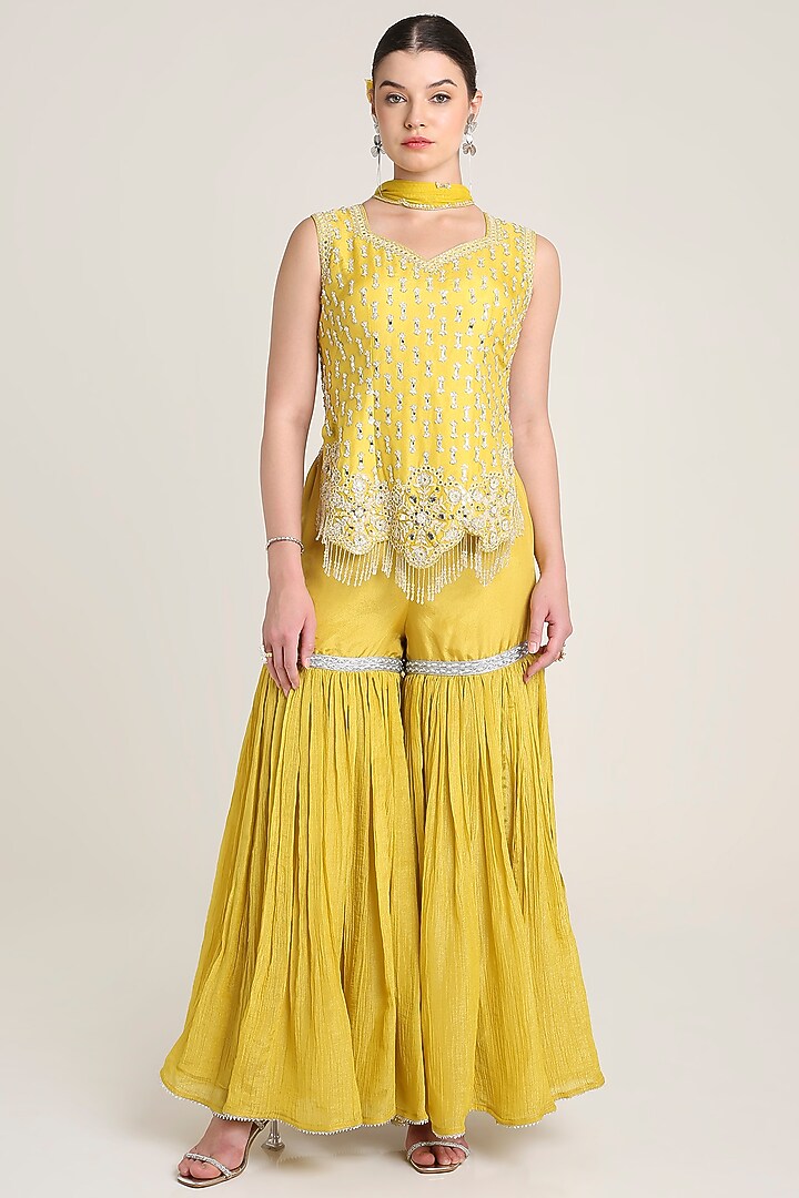 Mustard Yellow Silk Tissue Sequins Embroidered Tunic Set by Keith Gomes at Pernia's Pop Up Shop