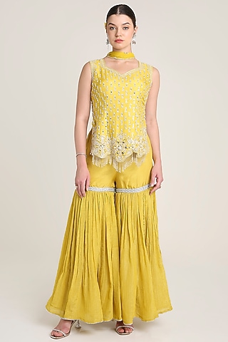 Mustard Yellow Silk Tissue Sequins Embroidered Tunic Set by Keith Gomes