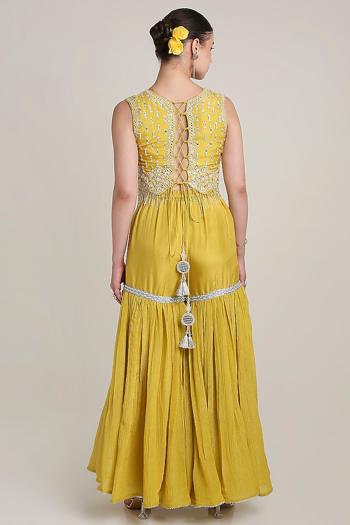 Mustard Yellow Silk Tissue Sequins Embroidered Tunic Set by Keith Gomes at Pernia's Pop Up Shop