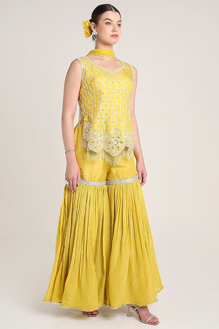 Mustard Yellow Silk Tissue Sequins Embroidered Tunic Set by Keith Gomes at Pernia's Pop Up Shop