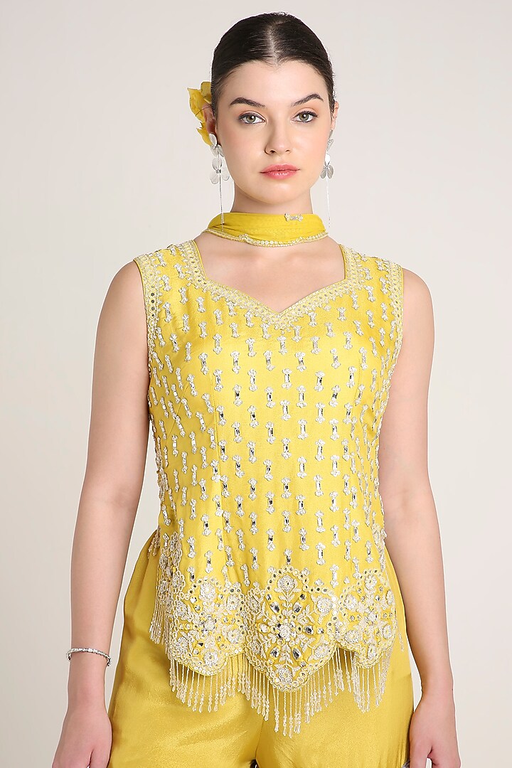 Mustard Yellow Silk Tissue Sequins Embroidered Tunic Set by Keith Gomes at Pernia's Pop Up Shop