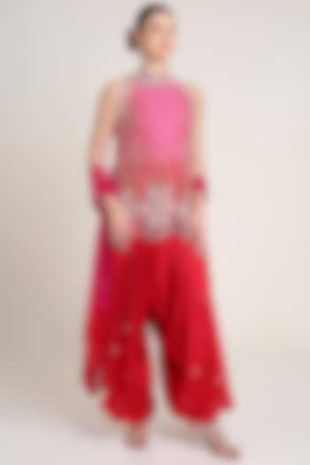Pink & Red Raw Silk Mirror Embroidered Tunic Set by Keith Gomes at Pernia's Pop Up Shop