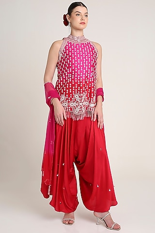 Pink & Red Raw Silk Mirror Embroidered Tunic Set by Keith Gomes