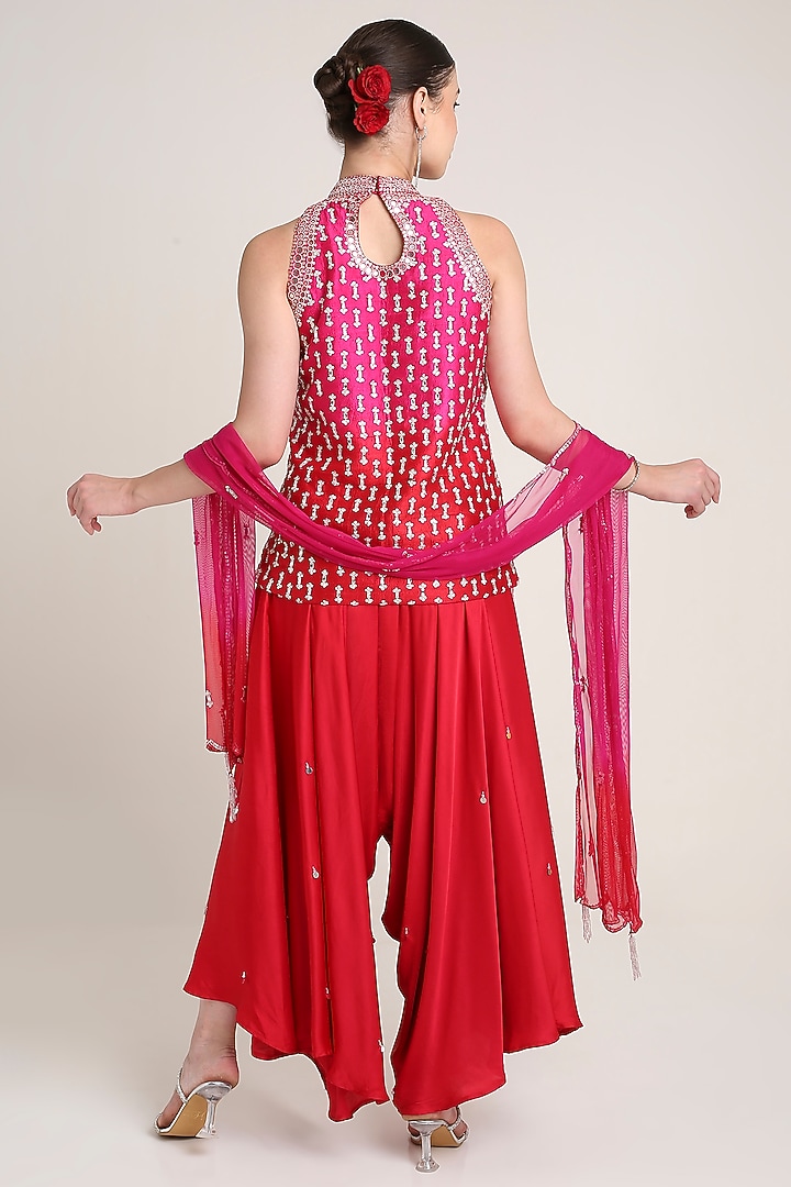 Pink & Red Raw Silk Mirror Embroidered Tunic Set by Keith Gomes at Pernia's Pop Up Shop