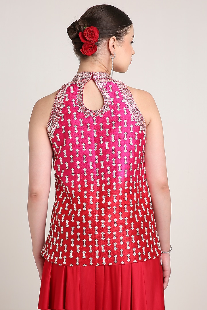 Pink & Red Raw Silk Mirror Embroidered Tunic Set by Keith Gomes at Pernia's Pop Up Shop