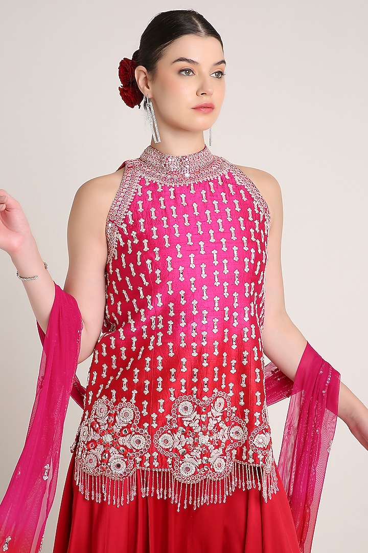 Pink & Red Raw Silk Mirror Embroidered Tunic Set by Keith Gomes at Pernia's Pop Up Shop
