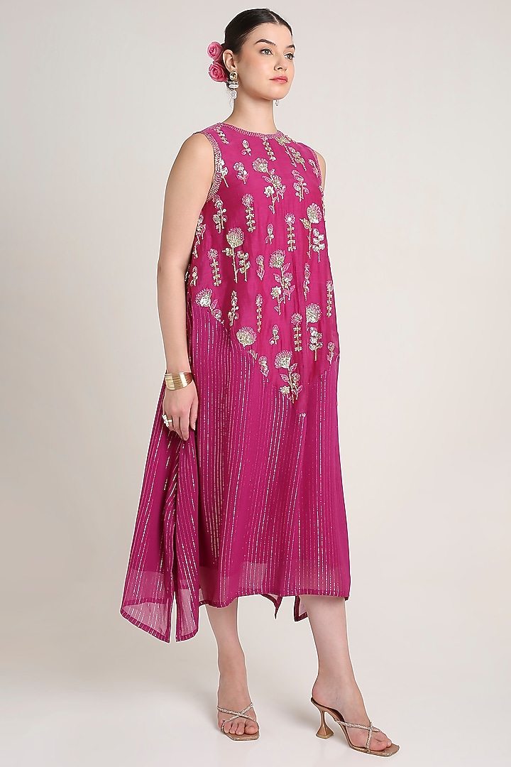 Pink Silk & Zari Georgette Midi Vacation Dress by Keith Gomes at Pernia's Pop Up Shop